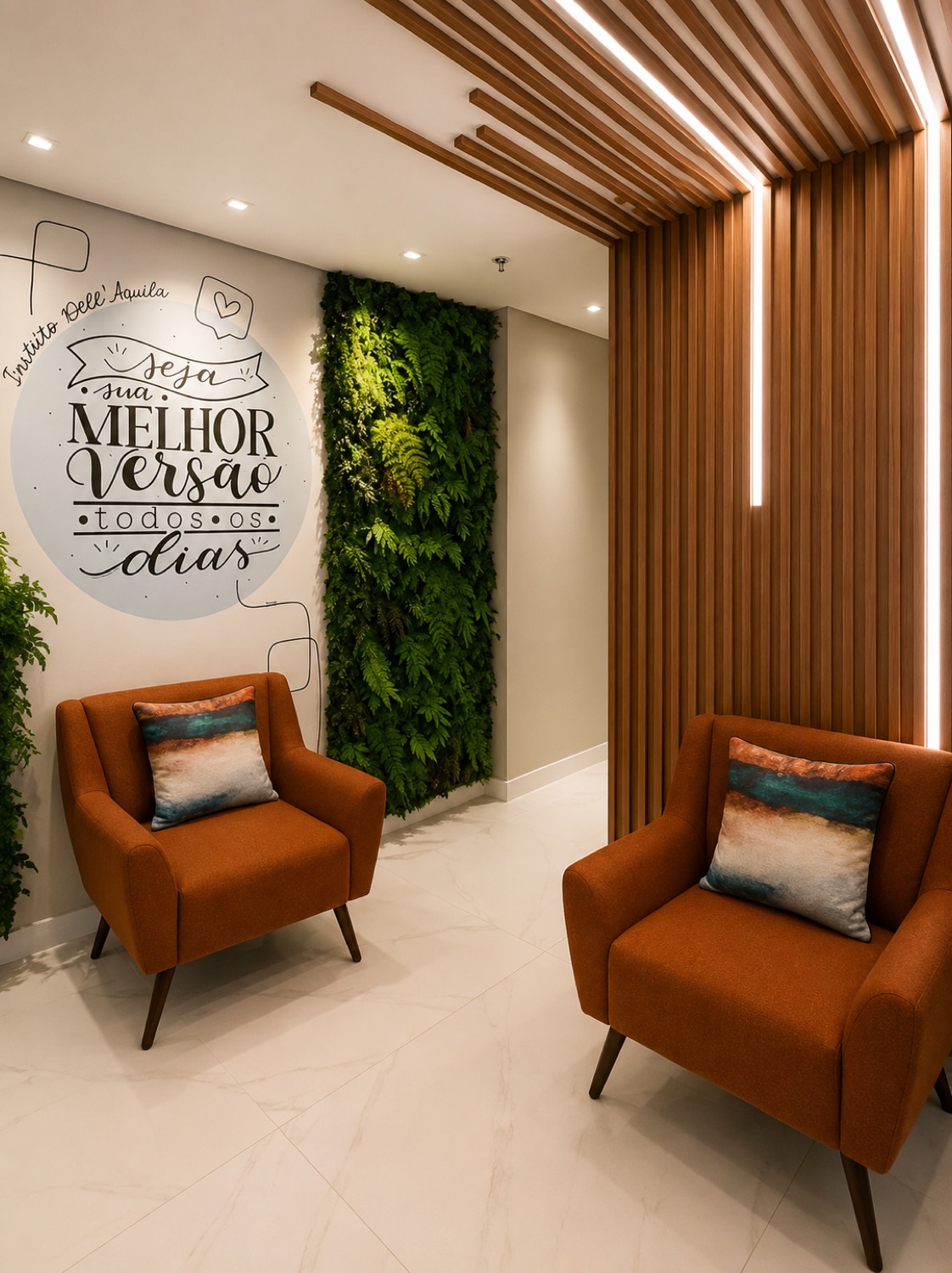 Sala de espera com poltronas e a parede 'Seja sua melhor versão todos os dias'