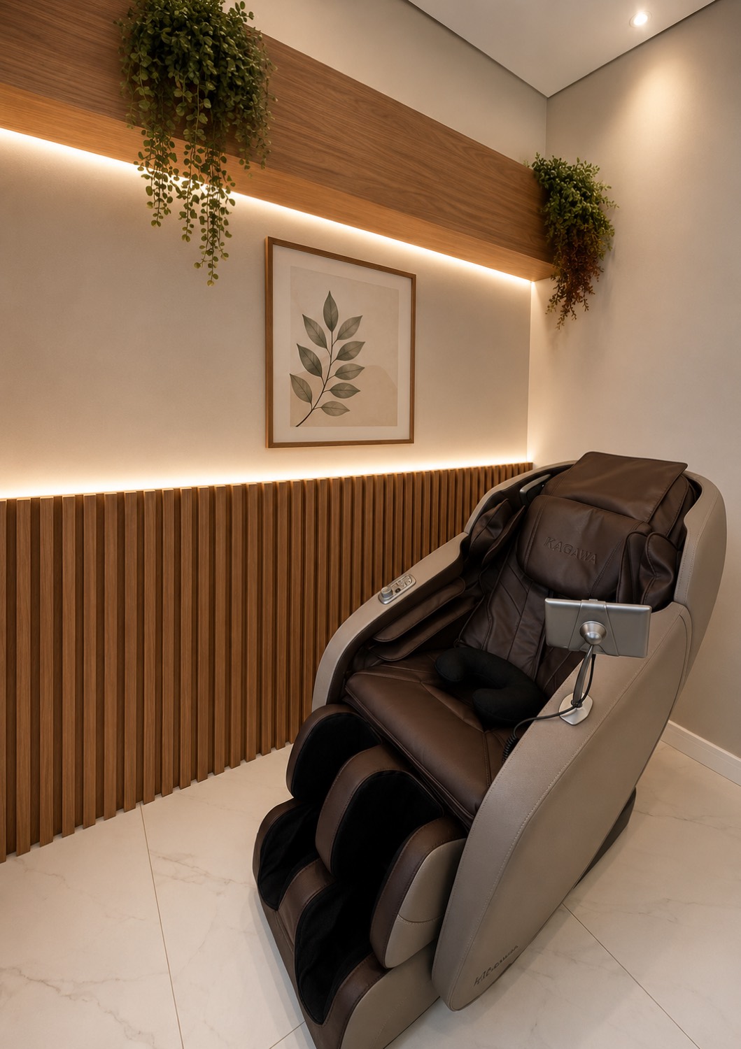Sala de relaxamento com cadeira de massagem e jardim suspenso